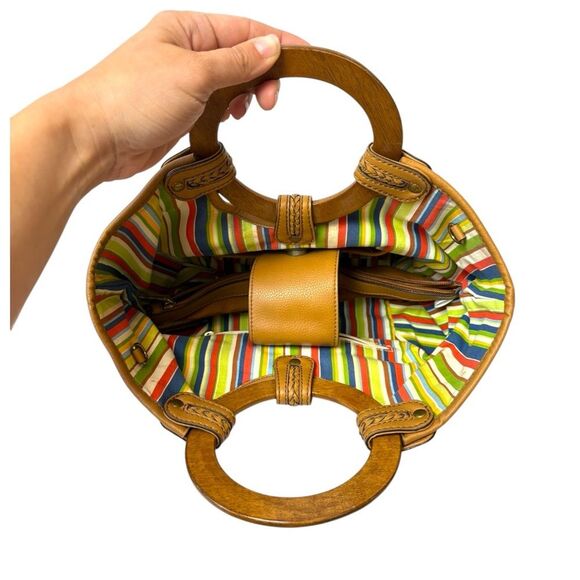 Vintage Fossil Tan Woven Straw Wood Handles Small Satchel Tote Bag Y2K 90’s Boho - Picture 8 of 8